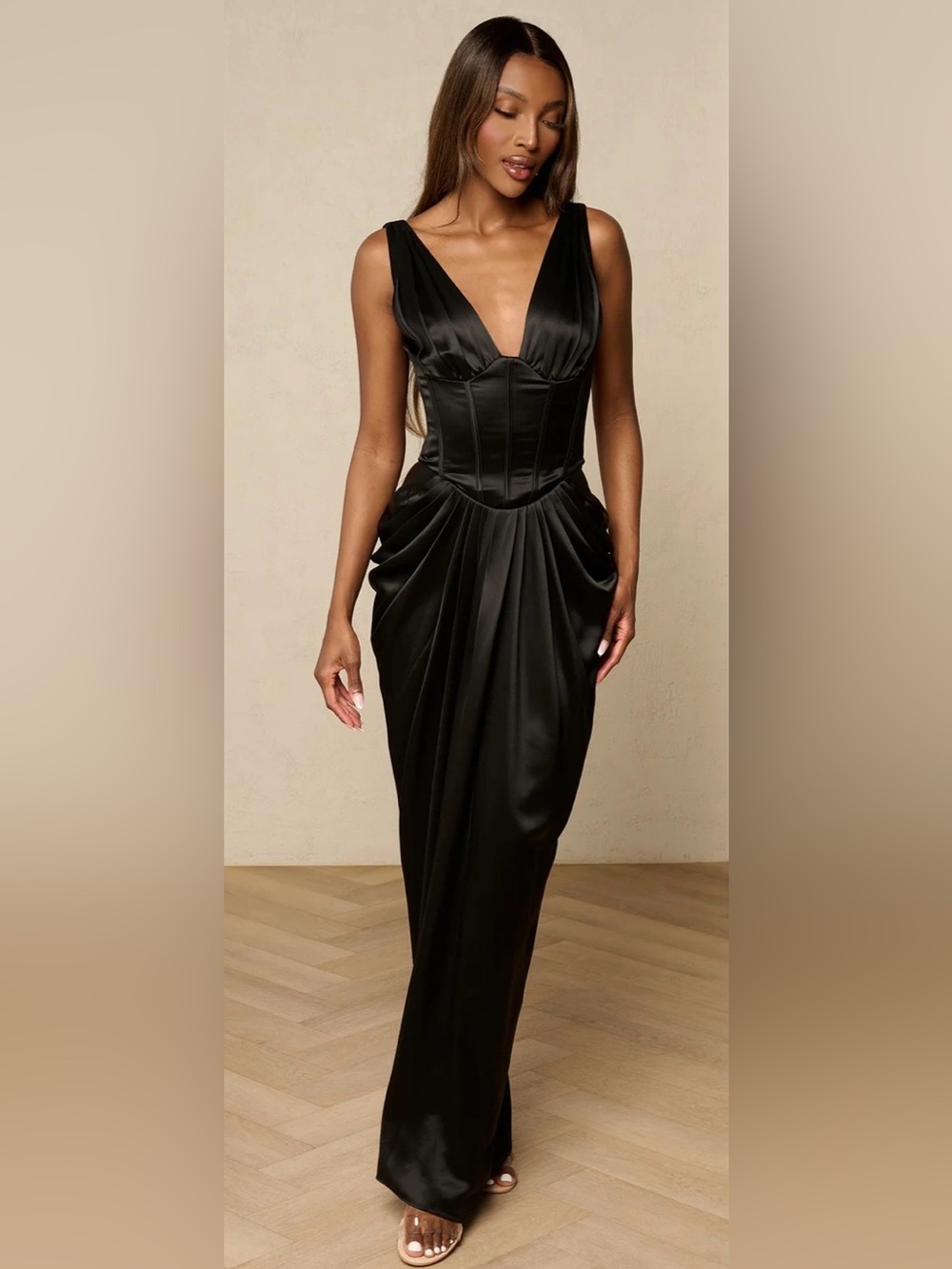 HOUSE OF CB 'Angeline' Black Satin Hourglass Maxi Dress/Size S-US 4-6 $299 - Picture 2 of 14